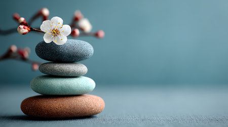 A serene composition featuring four stacked stones accented by a delicate blossom against a soft blue background. Ideal for wellness and relaxation themes.の素材