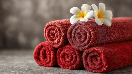 A tranquil arrangement featuring soft red towels elegantly rolled and adorned with delicate yellow plumeria flowers, perfect for a spa or relaxation setting.の素材
