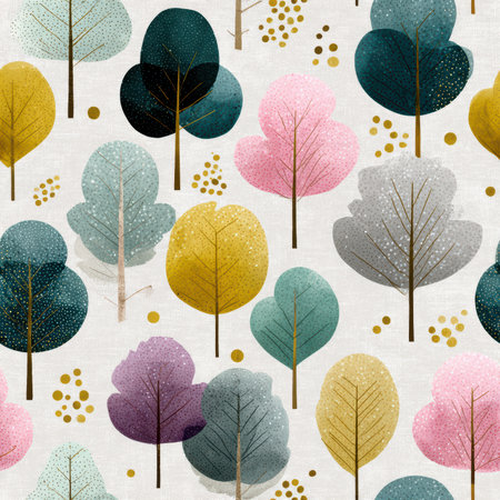 A whimsical pattern featuring colorful trees and playful dots, perfect for a vibrant textile design or creative background. Celebrate nature's beauty!の素材