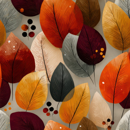 This vibrant pattern features an array of autumn leaves in rich colors. Perfect for wallpapers, textiles, and creative projects, it captures the essence of fall.の素材