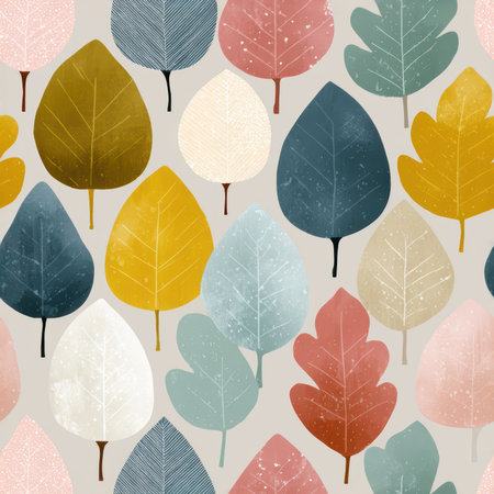 A vibrant arrangement of colorful leaf patterns on a soft background, perfect for nature-themed projects, home decor, or creative designs. Ideal for artwork.の素材