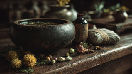 Explore a serene setting featuring rustic bowls filled with herbs, spices, and natural ingredients arranged on a wooden table, creating a tranquil ambiance for wellness and healing.の素材