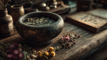 Discover a serene composition featuring a rustic bowl filled with herbal ingredients, surrounded by delicate flowers and vintage notes, perfect for wellness and natural decor.の素材