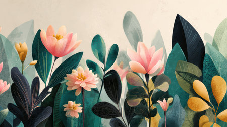 A vibrant illustration of colorful flowers and lush leaves in soft pastel tones, perfect for backgrounds or design projects that celebrate natureの素材