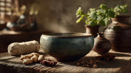 A rustic ceramic bowl sits on a wooden table, surrounded by herbs and spices. The warm atmosphere evokes a sense of culinary creativity and tradition.の素材