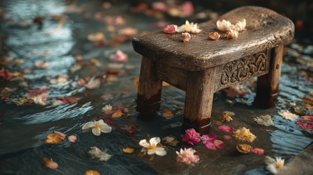 A rustic wooden stool stands in tranquil water surrounded by delicate flower petals, creating a serene and peaceful atmosphere. Perfect for relaxation themes.の素材