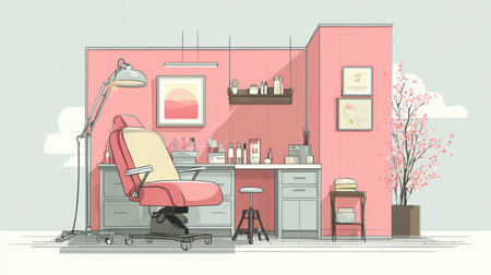 An inviting beauty salon interior featuring a pink color scheme, ergonomic chair, and aesthetic decor. Perfect for beauty industry projects or creative designs.の素材