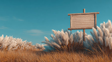 A blank wooden sign stands alone amidst tall grasses under a clear blue sky. The scene captures a serene ambiance in nature, perfect for various creative uses.の素材