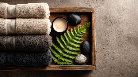 A serene setup featuring stacked towels, a candle, smooth stones, and a lush fern on a wooden tray. Perfect for spa and wellness themes.の素材