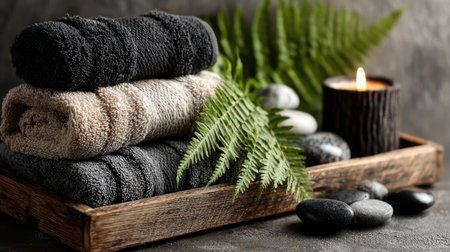 Discover a serene spa arrangement featuring plush towels, natural stones, and a gentle candle, creating a perfect atmosphere for relaxation and rejuvenation.の素材