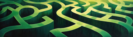 This abstract image showcases a green maze design with smooth curves, creating a sense of depth and movement. Ideal for projects focusing on creativity and innovation.の素材