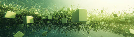 Explore a captivating abstract scene featuring floating green cubes in a digital environment illuminated by light, showcasing movement and energy.の素材