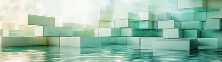 An abstract composition featuring cubic shapes reflecting in calm water, illuminated by soft light. This serene image evokes a sense of tranquility and modern design.の素材