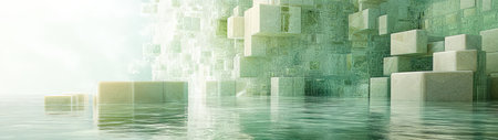 This abstract image features a serene landscape with floating cubes in a reflective water setting, creating a sense of tranquility and modern beauty.の素材