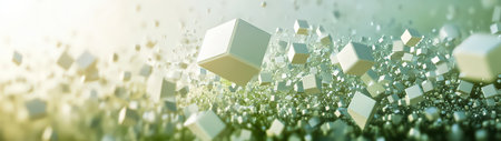An artistic representation of floating geometric cubes set against a soft green gradient background, evoking a sense of depth and modernity, ideal for technology and design themes.の素材