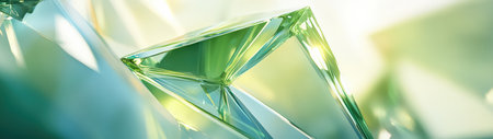 This close-up image showcases a stunning green crystal with vibrant light reflections, highlighting its intricate geometry and sparkling surface, perfect for artistic projects.の素材