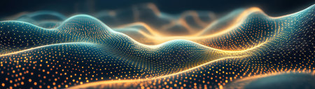 This abstract image features flowing digital waves illuminated by glowing particles, creating a mesmerizing texture and depth ideal for technology and art themes.の素材