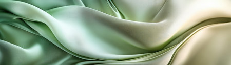 Dreamy and elegant silk fabric flows gracefully in soft green and cream tones, showcasing smooth textures and subtle patterns ideal for fashion or art projects.の素材