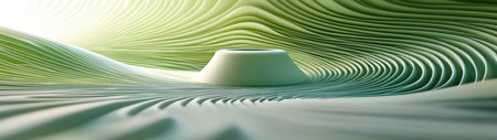 Explore a captivating abstract landscape featuring flowing green textures and circular forms, creating a serene and tranquil visual experience perfect for artistic projects.の素材