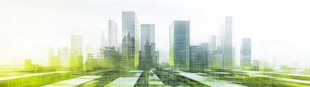 A vibrant cityscape featuring sleek skyscrapers, green spaces, and advanced architecture designed for a sustainable future. A bright and modern urban environment.の素材