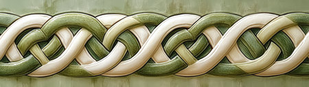 This image features an intricate Celtic knot pattern with elegant beige and green tones, showcasing a beautiful blend of traditional artistry and modern design elements.の素材