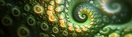 Captivating abstract spiral pattern featuring vibrant green and yellow tones, showcasing intricate textures and flowing designs that evoke a sense of natural beauty and harmony.の素材