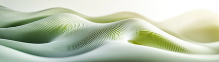 This image features abstract green and white waves with smooth curves, creating a serene and elegant atmosphere. The gentle gradients and textures evoke tranquility and creativity.の素材