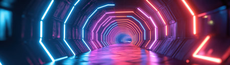 A stunning neon light tunnel showcasing vibrant colors and reflections on the water surface, creating a futuristic and surreal ambiance perfect for visual storytelling.の素材
