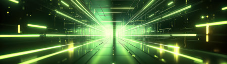 Experience an immersive journey through a futuristic tunnel bathed in vibrant green light, showcasing dynamic lines and striking neon rays in a darkened space.の素材