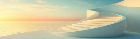 This elegant image showcases a modern staircase leading into serene water under a warm sunset sky. The tranquil scene evokes feelings of peace and introspection.の素材