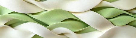 A beautiful closeup of layered fabric in soft green and cream hues, showcasing elegant waves and textures that evoke a sense of tranquility and luxury.の素材