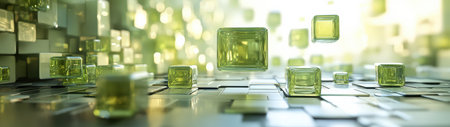A captivating abstract design featuring floating green cubes in a modern environment. This image showcases innovative geometry and soft lighting effects, creating a mesmerizing visual experience.の素材