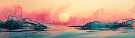 A captivating abstract landscape showcasing a serene sunset over tranquil water, featuring vibrant colors and soft waves that evoke a sense of calm and beauty.の素材