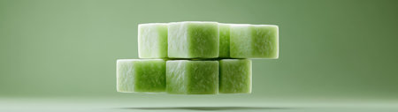 A unique arrangement of green cubes floating above a smooth, subtle background. This abstract image captures a modern, minimalist aesthetic perfect for creative projects.の素材
