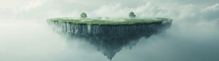 A stunning floating island filled with lush greenery and trees under a dreamy sky. An ideal backdrop for concepts of nature, fantasy, and tranquility.の素材
