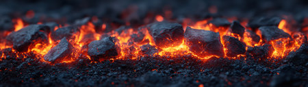 A stunning view of glowing lava rocks emitting an intense ember light, set against a dark volcanic landscape. Perfect for nature and adventure themes.の素材
