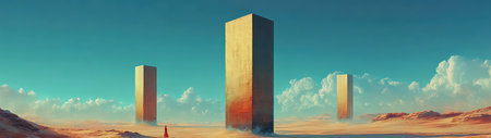 This surreal image features towering monolithic structures set against a vast desert landscape, creating a striking contrast with the vibrant sky and clouds.の素材