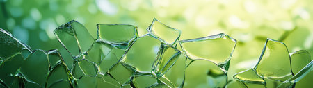 A close-up view of shattered glass fragments against a soft green background, showcasing the intricate details and reflections that create a unique, abstract aesthetic.の素材