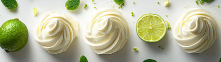 A vibrant display of fresh cream swirls accompanied by lime and mint accents, perfect for food styling, culinary inspiration, and summer desserts.の素材