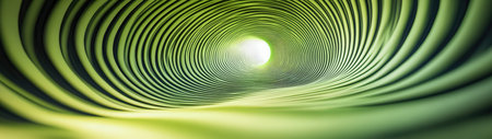 Explore this abstract image of a green tunnel featuring curved lines and a light source at the end, evoking a sense of depth and motion. Perfect for design.の素材