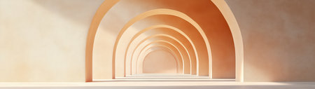 Explore a serene architectural space featuring elegant arches and warm tones, perfect for backgrounds, design inspiration, or modern aesthetics.の素材