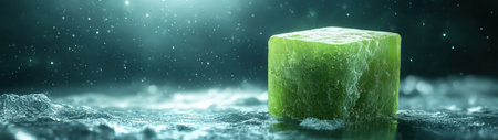 A striking image of a luminous green ice cube resting on a reflective surface, surrounded by sparkling water droplets, evoking freshness and tranquility.の素材
