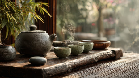 Experience a tranquil tea ceremony featuring a rustic teapot and cups on a wooden table. Steam rises in a sunlit room surrounded by natural elements, evoking serenity.の素材