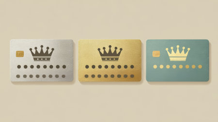 Discover an elegant trio of crown-themed credit cards in silver, gold, and teal. Perfect for illustrating finance, luxury, and modern design concepts.の素材