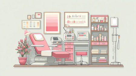 Explore a modern aesthetic treatment room featuring stylish decor and professional equipment. A harmonious blend of beauty and functionality for a serene environment.の素材