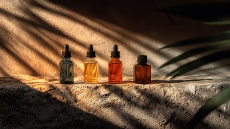 A serene arrangement of elegant glass dropper bottles filled with varied oils, illuminated by gentle sunlight, casting beautiful shadows on a rustic surface.の素材