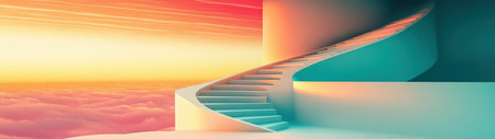 A captivating surreal image of a stairway ascending into a vibrant sky above clouds. This artistic piece evokes a sense of journey and wonder.の素材