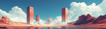 A stunning surreal landscape depicting towering structures against a vibrant sky. This artwork evokes a sense of wonder and adventure in a vast desert setting.の素材