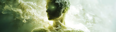 A captivating portrayal of an ethereal figure emerging from green smoke, illustrating a fusion of light and mystery. The artwork evokes feelings of intrigue and spirituality.の素材
