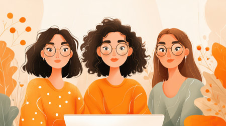 Three young women with diverse hairstyles and eyewear collaborate on a creative project. They sit together, surrounded by warm pastel colors, embodying friendship and inspiration.の素材